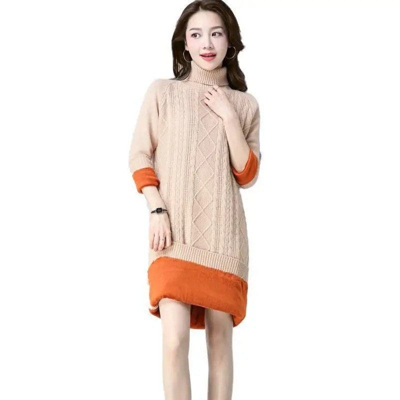 

2019 New Winter Women Slim Turtleneck Fleece Knitted Pullovers Sweater Dress Female Warm Thicken Plus Velvet Bottom Knitwear X49