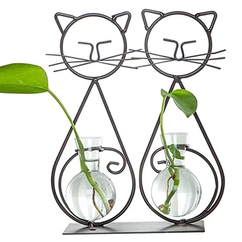 

Cat Glass Planter Vase Holder, Plant Terrarium, Propagation Station, Metal Stand for Hydroponics Plants Home Garden Wedding Deco