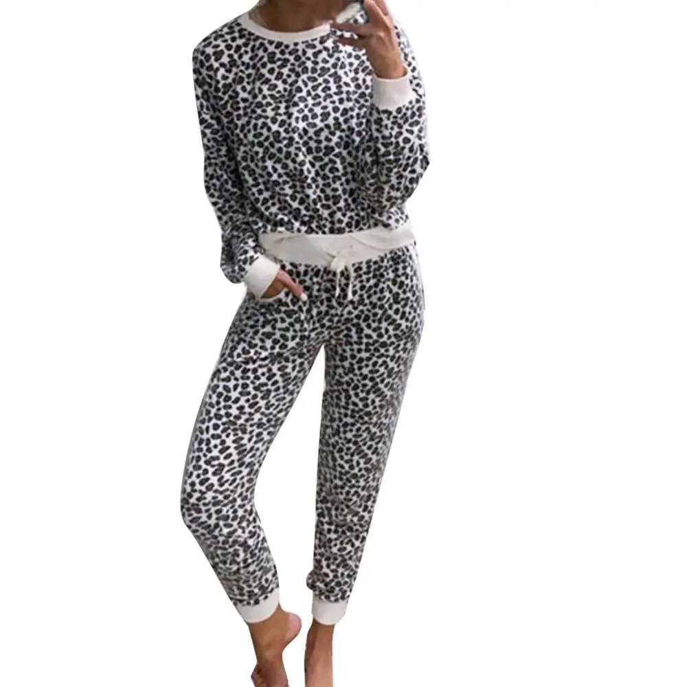 2 шт. женский спортивный костюм с леопардовым принтом и карманом, Женский комплект для отдыха, Топ с длинным рукавом и штаны, костюм для бега на открытом воздухе