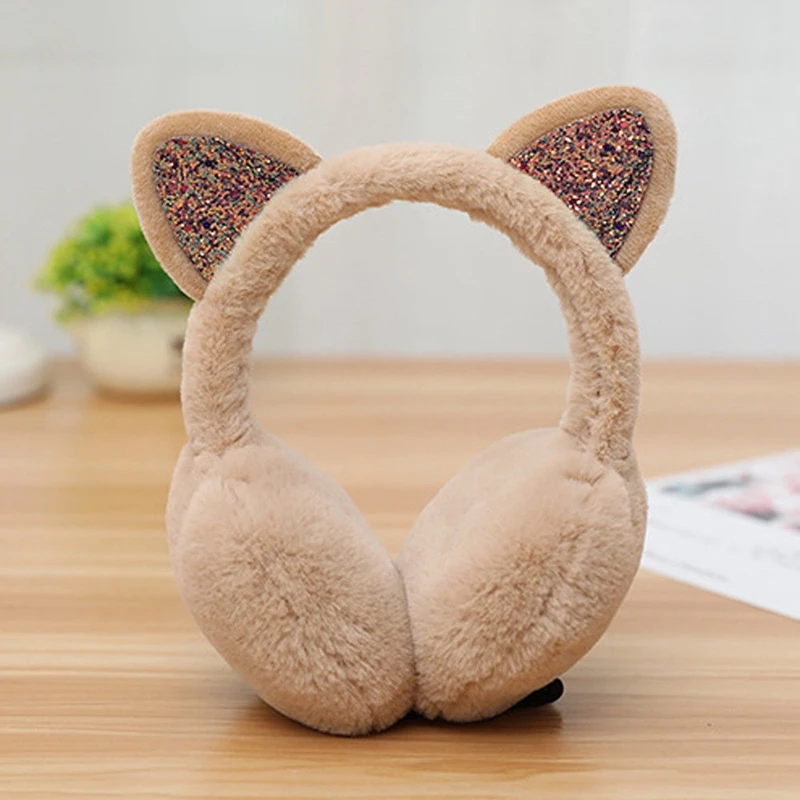 

Brand New Christmas Winter Cartoon 3D Cat Earmuffs Plush Warm Women Ear Protect Sequined Shinny Soft Glitter Cute Earmuffs