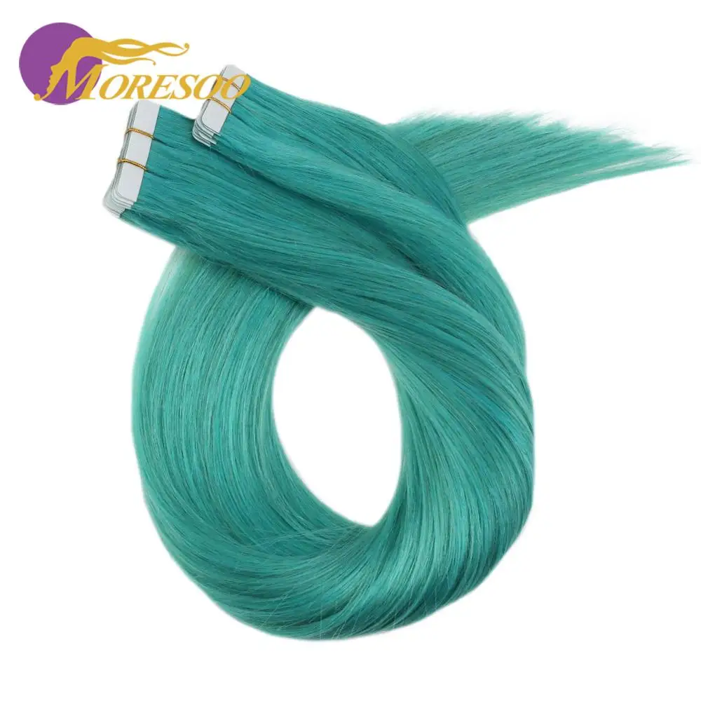 Moresoo Human Hair Tape in Extensions Colorful Machine Remy Seamless Skin Weft 10Pcs/25G Silky Straight Glue on Hair