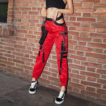

women sexy high waist hollow out pants 2019 red patchwork pockets button fly trousers fashion street sexy club clothes