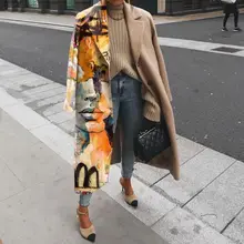 Mulheres oversize impresso midi casaco de manga comprida lapela colarinho padrão abstrato casaco elegante moda feminina outono cardigan casacos