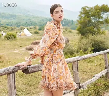 

Milan Runway Dresses 2020 Floral Print Women High End Lantern Sleeves Waist Elastic Lining Ruffles Mini Silk Hot Holiday Dresses