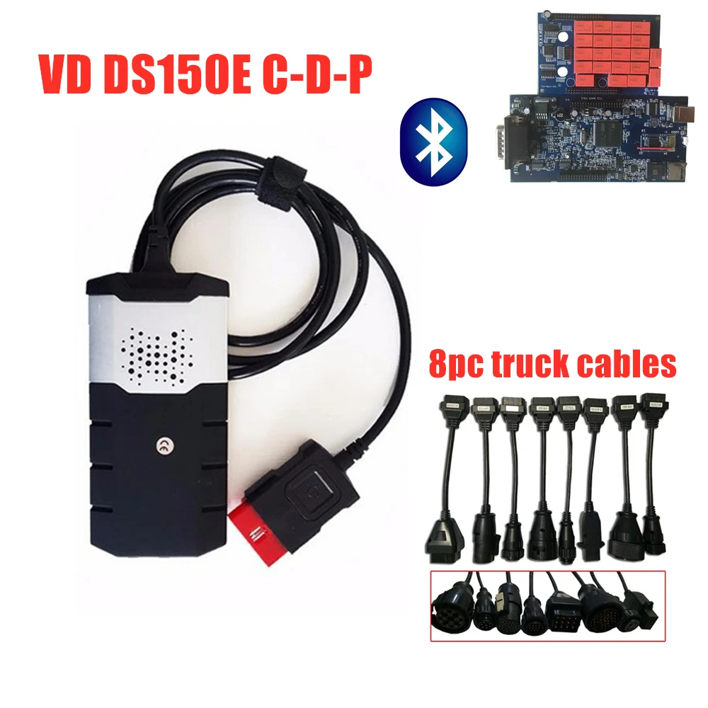 DHL+ VD DS150E C-D-P для delphis 2016R0 keygen с bluetooth/USB кабелем+ светодиодные кабели obd obd2 диагностический инструмент с+ 8 шт. грузовых кабелей - Цвет: with bluetooth