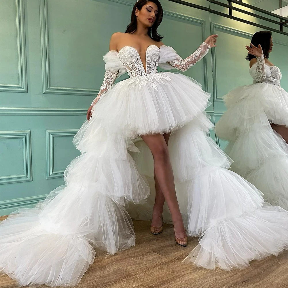 

White Puffy Wedding Dress Front Low High Back Tulle Tiered Long Sleeves Lace Deep V Neck Sexy Bridal Gown Robe De Mariee