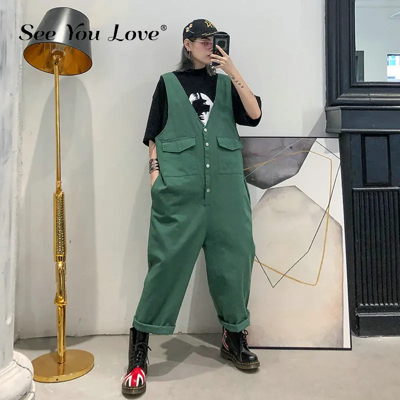 

See you love High Waist Green Split Joint Long Overalls Trousers New Loose Fit Pants Women Fashion Tide Spring Autumn 2019 New