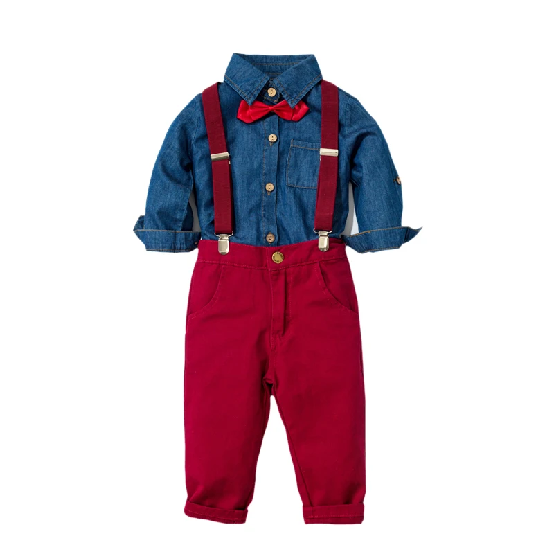 Комплекты одежды для мальчиков синяя Однотонная рубашка с длинными рукавами красные брюки детские костюмы из 4 предметов Детские демисезонные базовые комплекты - Цвет: blue