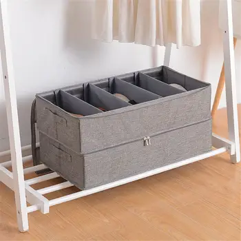 

Washable 6-grid Cotton Linen Shoe Storage Box Bedroom Bed Shoe Cabinet Finishing Box with Lid