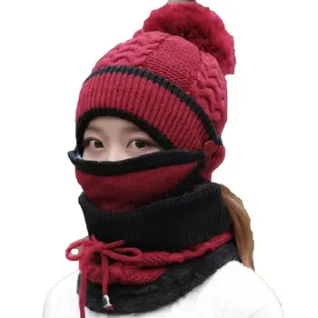 

3Pcs Women Hat Winter Cap Thicken Warm Knitted Pompom Beanie Hat Cap Mask Neck Scarf Set