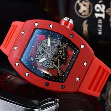

Luxury Hip Hop Watch for Men Chronograph Quartz Red Silicone Watches Male Tonneau Clock Hombre Unique Design Relogio Masculino