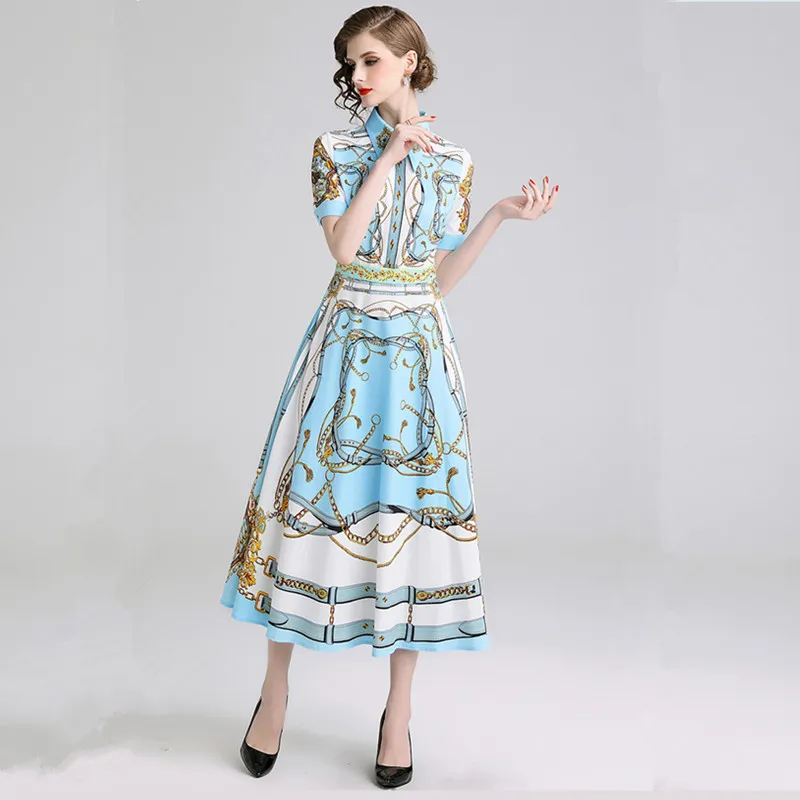 Подиумное весеннее синее платье Vestidos женское платье Элегантное с длинным рукавом и отложным воротником винтажное Плиссированное Платье с принтом для работы - Цвет: Design and color