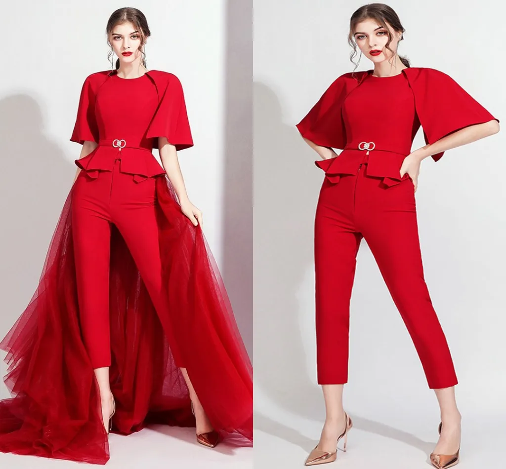 

Red Women's Sweetheart Jumpsuits Prom Dresses Crystal Sash Evening Formal Gown with Detachable Skirt Pants Robe De Soiree