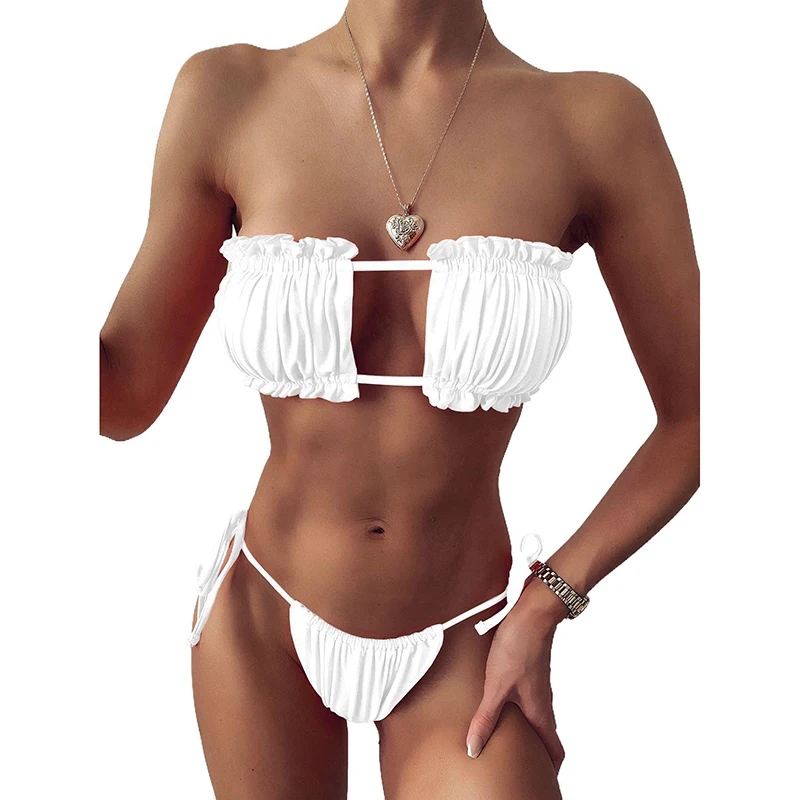 bikini set sale Sexy Solid Bikini 2021 Women Pleated Bandeau Swimsuit Female Low Waist Swimwear Women Beach Mini Thong Bikini Set Bathing Suit swimsuit