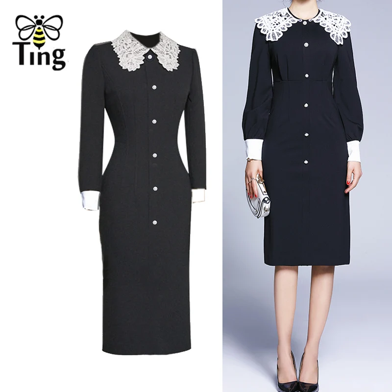 

Tingfly 2020 Spring Designer Runway Singel Breasted Button Black Dress Elegant Party Dresses Women Office Work Knee Length Dress