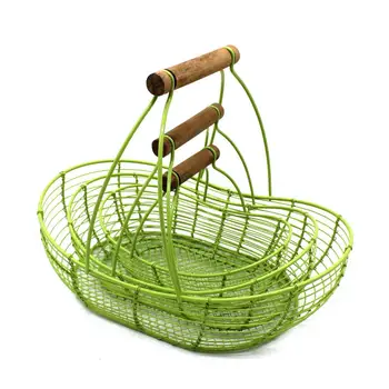 

Oval Metal Wire Fruit Baskets Egg Baskets with Wooden Handle stylish Style Gathering Baskets. Light Green, Set of 3