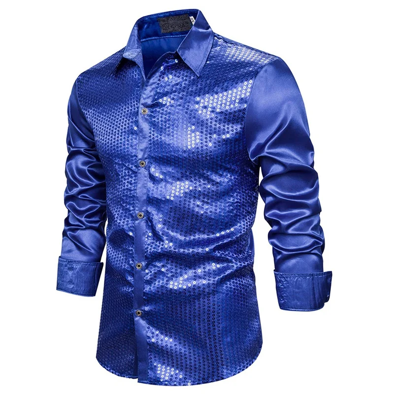 Blue Новые модные рубашки с длинными рукавами для молодых мужчин с блестками, платье для театрального танца, рубашка с воротником, свадебное платье, рубашка золотого цвета - Цвет: Blue