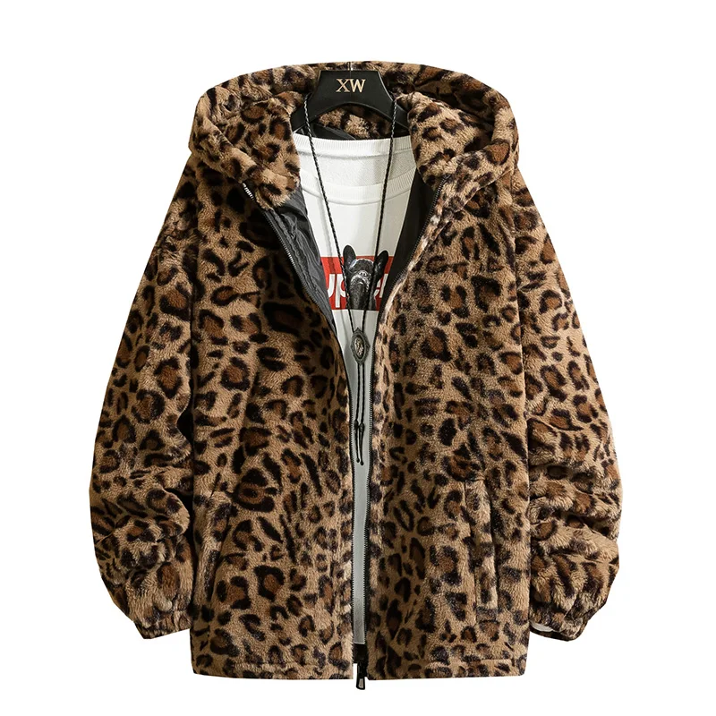 Модная Новая Теплая Зимняя мужская куртка с капюшоном и искусственным мехом леопардовая Повседневная тонкая Парка мужская зимняя куртка
