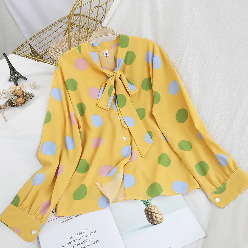 Рубашка в стиле милой Лолиты для девочек в японском стиле; сезон осень; милая шикарная блузка в горошек с длинными рукавами и бантом; ropa mujer