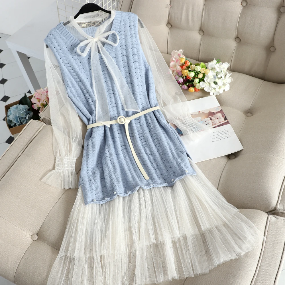 Women Dress Женский комплект из 2 предметов с расклешенными рукавами и бандажным ремнем, плиссированное платье с бантом, вязаный жилет свитер, тонкая сетчатая Вуаль Пояс с оборками, платье миди - Цвет: Women Dress