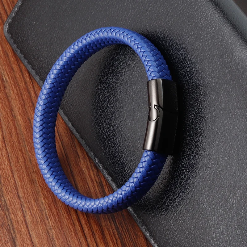 New Free Custom Name Blue/red leather Simple Charm Business Men Stainless Steel Leather Braided Bracelet Bagnet Lock Bangle - Image 2