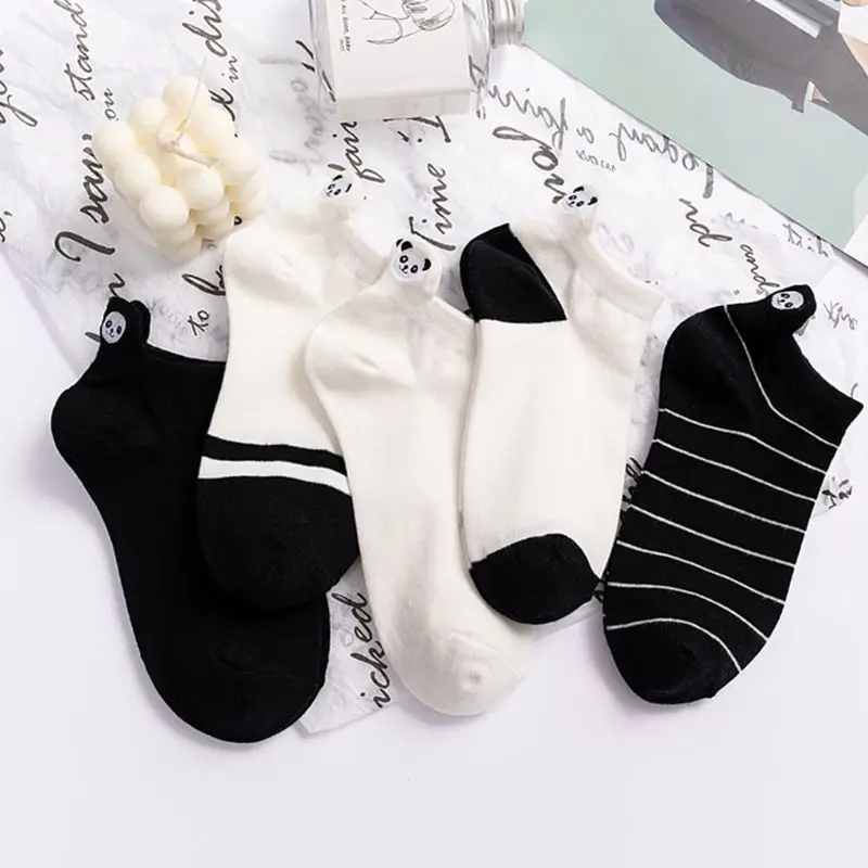 

Female Cute Panda Embroidery Cotton Boat Socks Black White Stripes Short Hosiery