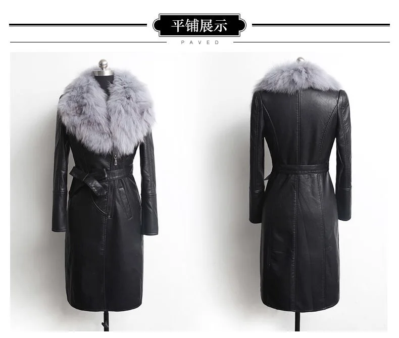 Женская черная кожаная куртка для зимы, новое вельветовое теплое приталенное длинное кожаное пальто с большим меховым воротником, женская верхняя одежда M-4XL