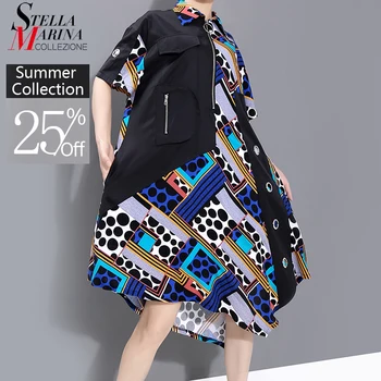 

New Summer 2020 Women Big Size Printed Shirt Dress With Pocket Metal Holes Ladies Casual Unique Style Midi Dress vestidos 6230