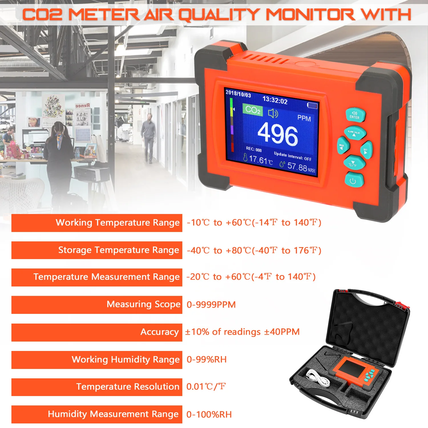 

CO2 Meter Gas Detector Indoor Environmental Monitoring Tester With Temperature And Humidity Teser Stable Data