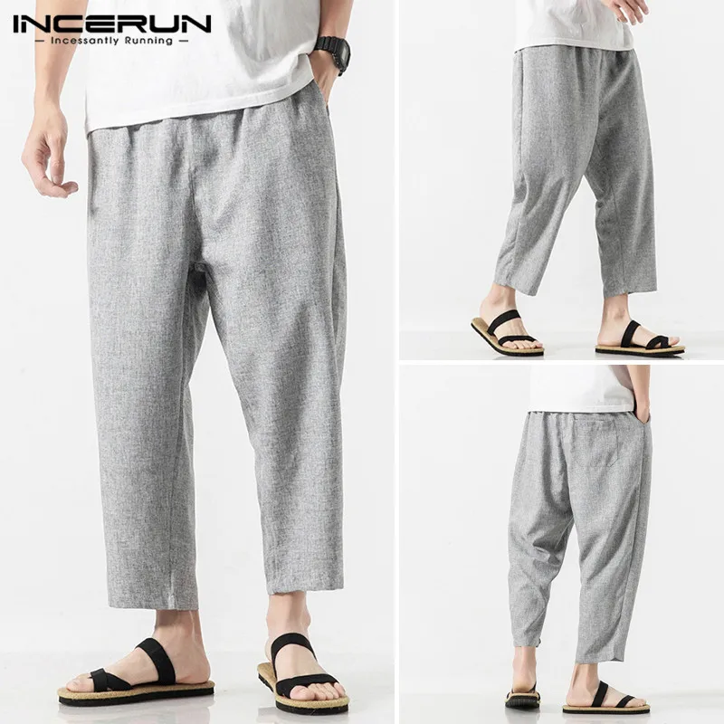 

Men's Fashion Elastic Waist Pants Men Causal Chinese Style Cotton and Linen Cropped Pants Drawstring Straight Trousers S-5XL