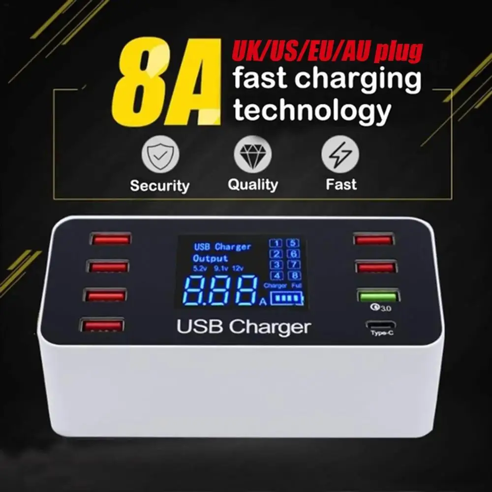 5V/8A Multiple Ports USB Charger Desktop Charging Station Hub Type C Quick Charge 3.0 LCD Display Mobile Phone | Мобильные телефоны