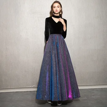 

Velvet Evening Dress Long Round-neck Women Party Dresses A-line Shining Robe De Soiree Elegant Full Sleeves Formal Gowns ES3064