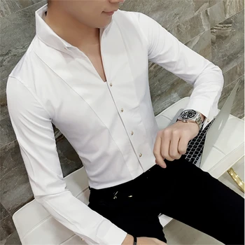 

2019 new lapel men's shirt long sleeve white and black male shirt S-XXX Camisa Masculina