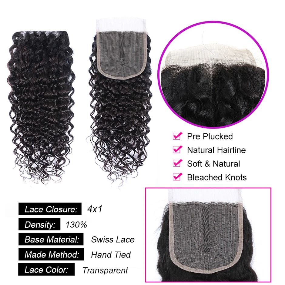 Grand Nature 4x4 lace closure loose deep 100% Human Hair Extensions water wave 8-20inch natural color remy