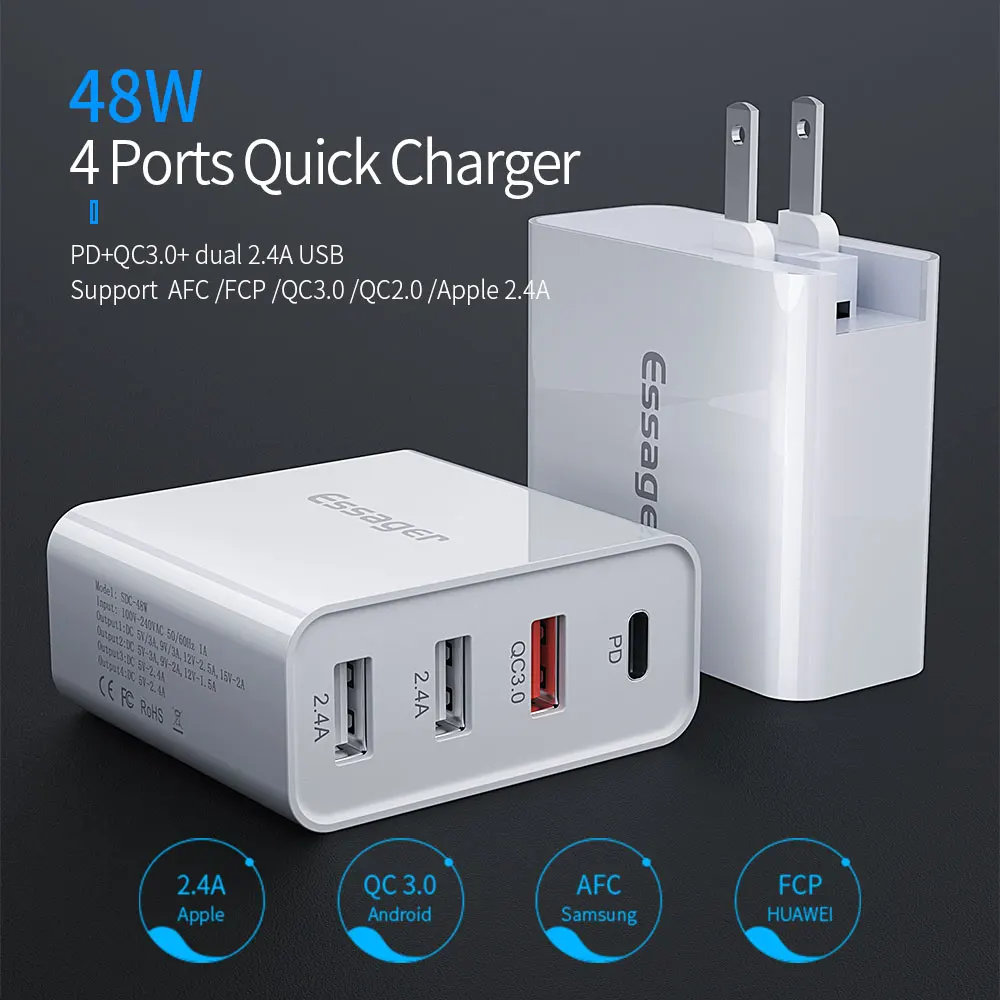 Essager 48W Multi Universal USB Ladegerät Schnell Ladung 30 QC3.0 QC PD Typ C Schnelle Ladegerät Fü
