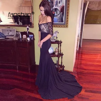

Cheap Black Off Shoulder Lace Evening Dress Mermaid Prom Dress Special Occasion Islamic Dubai Saudi Arabic Evening Gown