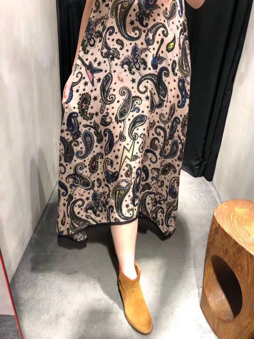 Women Dress Viscose Cashew Printed Halter Dress Summer Holiday Dress Lace French Romantic Paisley Print Midi Dress
