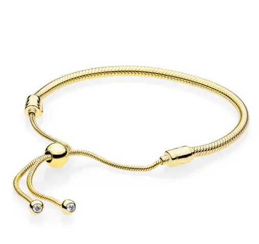 Подлинный 925 пробы Серебряный браслет золотой цвет Moments раздвижная застежка Регулировка браслета подходит для женщин шарик шарм Diy ювелирные изделия