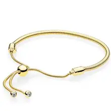 Подлинный 925 пробы Серебряный браслет золотой цвет Moments раздвижная застежка Регулировка браслета подходит для женщин шарик шарм Diy ювелирные изделия