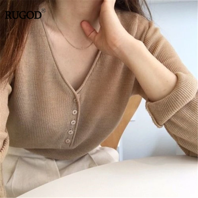

RUGOD 2019 New Autumn Women Knitted Sweater V-neck Slim Cassic Solid Sweater Shirt Multi-matched Casual Thin Female Sweater