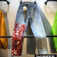 Европейский стиль, осень и зима, джинсы с высокой талией и вышивкой, женские прямые джинсовые брюки для отдыха