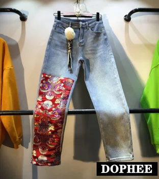 

European 2020 Autumn and Winter Splicing Embroidery Patch High Waist Jeans Pants Women's Leisure Denim Trouser Straight Pants