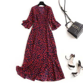 

Trumpet / Mermaid Print Dress Flare Sleeve Mid-Calf V-Neck Summer Vintage 2020 Summer Vestidos De Moda 2020 Primavera