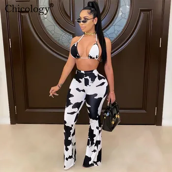 

Chicology Milk Cow 2020 Fashion Two Piece Set Bikini Top Flare Pants Sexy 2 Pc Matching Club Outfits Women Summer Fall Clothes