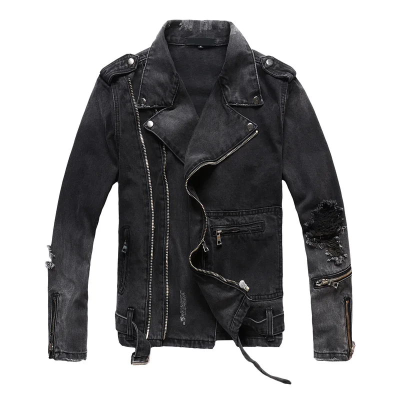 

New Fashion Street Mens Ripped Denim Jackets With Multi Zippers Streetwear Distressed Motorcycle Biker Jeans Jacket