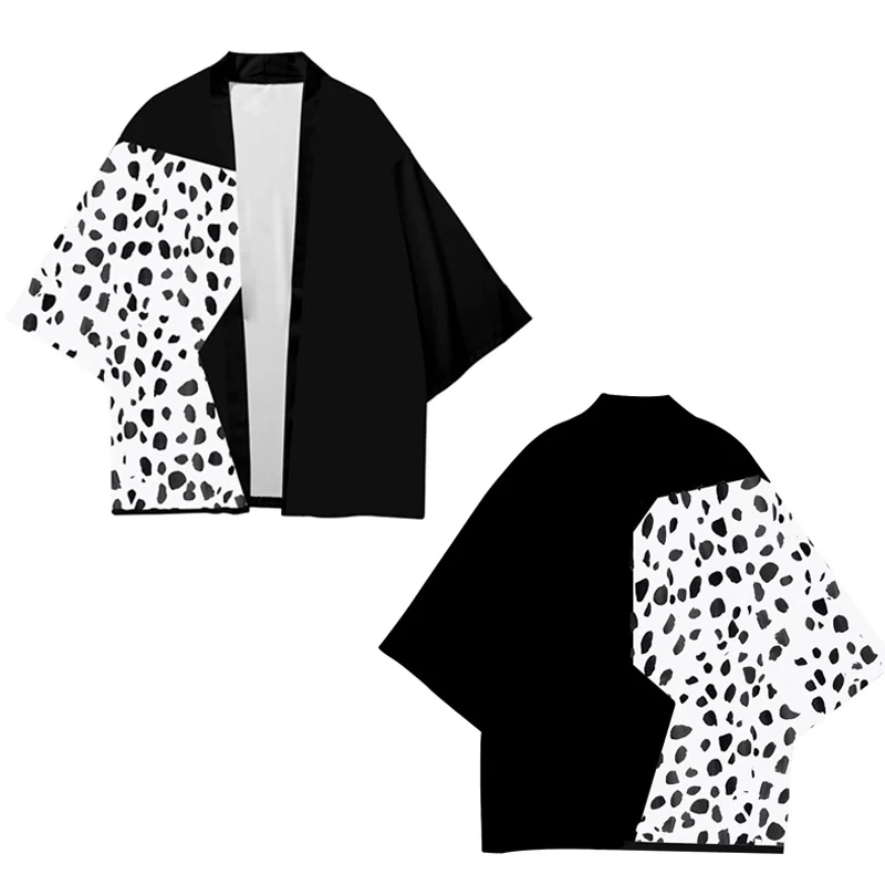 101 Dalmata Cruella De Vil Costumi Cosplay Cappotto Bianco Nero Stampa Kimono Cruella Mantelli Casual Streetwear Donna Uomo