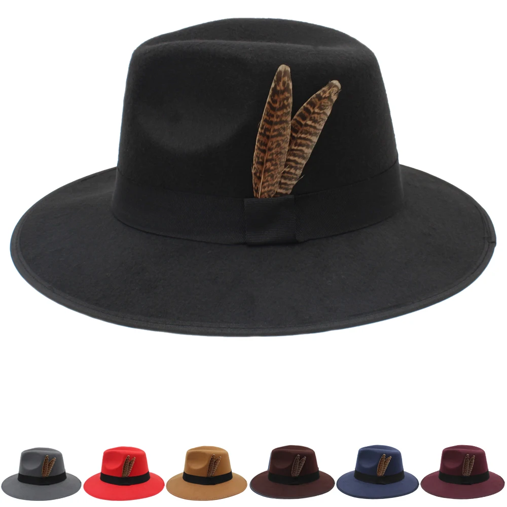 

Men Women Panama Hat Classical Wide Brim Sunhat Feather Band Fedora Cap Trilby Jazz Travel Party Street Style Size US 7 1/4 UK L