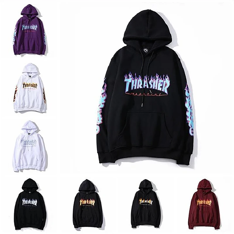 

20 Autumn and Winter Europe and America Popular Brand Blue Fire Flame Printing plus Velvet Hoodie Men and Women Street Couples U