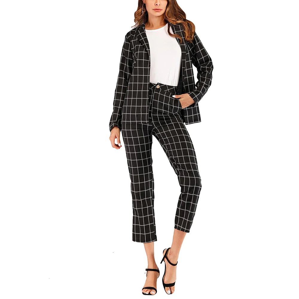 

Kenancy Plaid Checkered Women Blazer Suit Turndown Collar Long Sleeves Tops Women Two-Piece Sets Office Lady Causal Suit Women