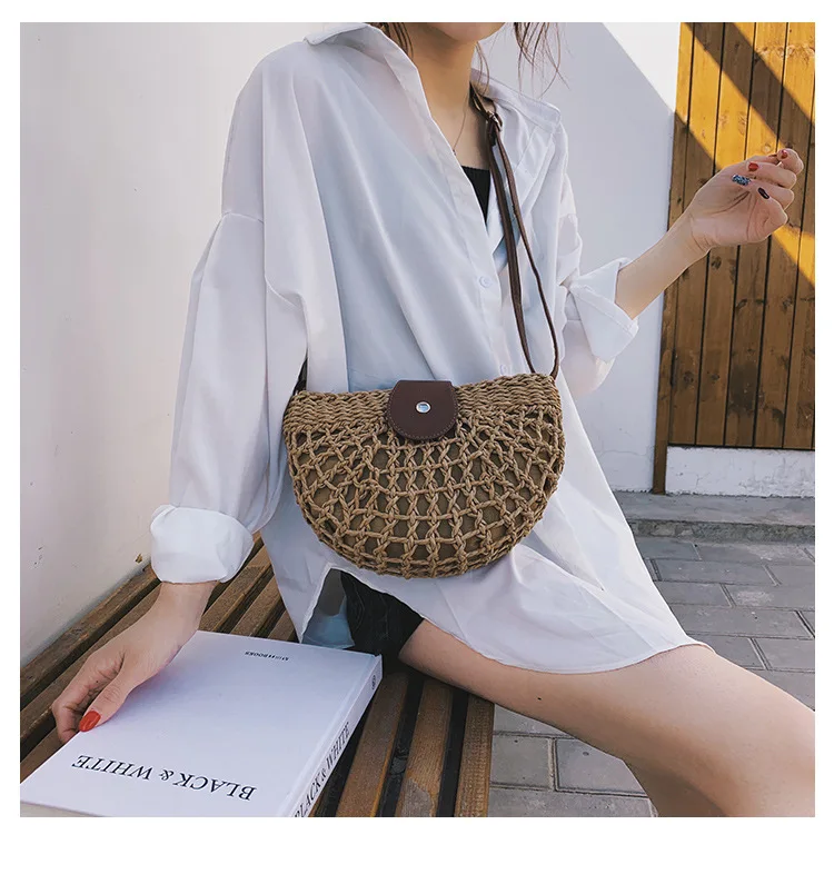 Casual meia lua rattan mulheres sacos de